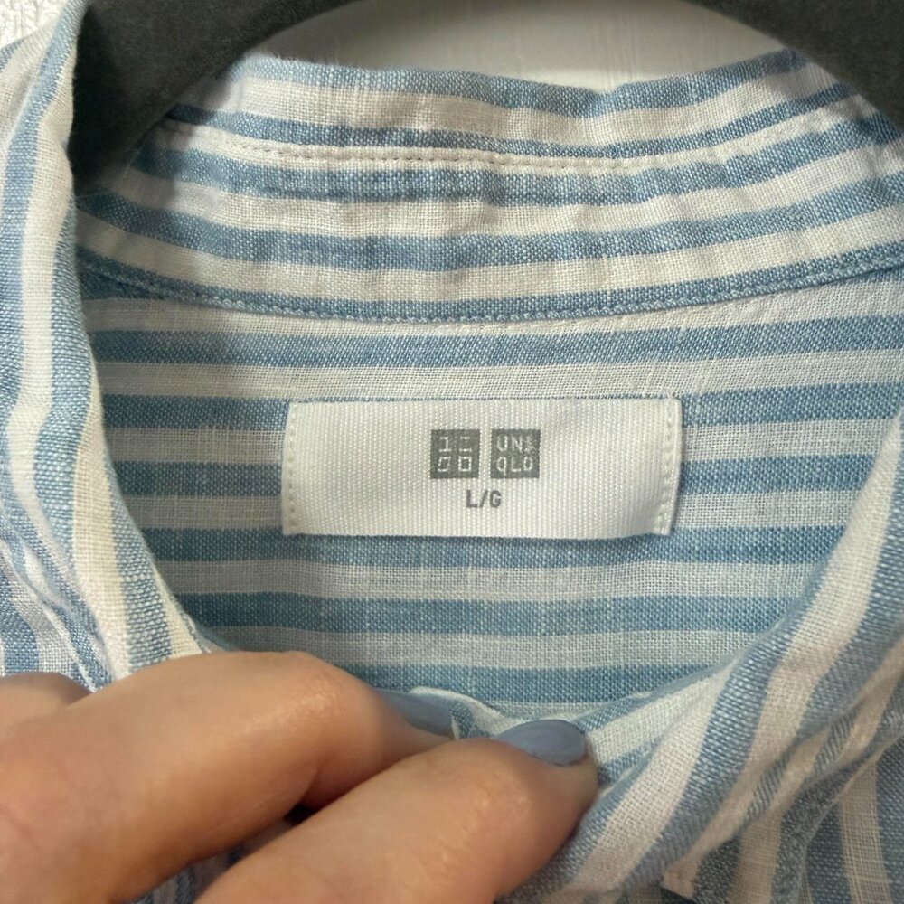 UNIQLO Blue and White 100% Linen Striped Button Down Shirt Size L - Picture 7 of 8